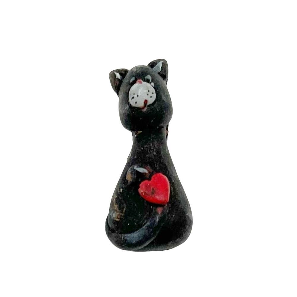 Vintage 80s Hand Painted Black Cat Heart Pin Brooch Handmade Hand Crafted